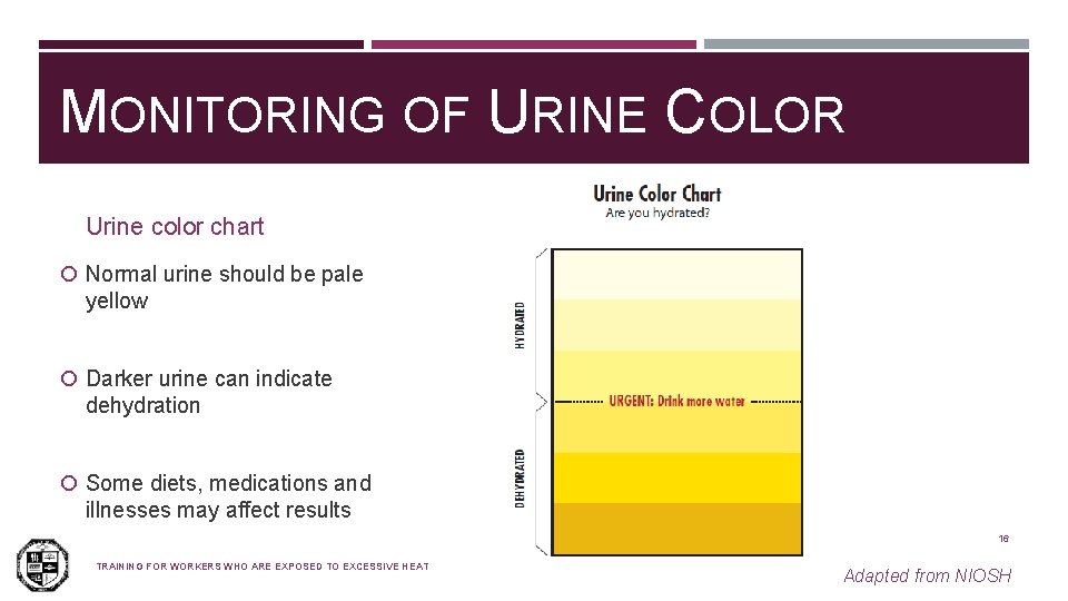 MONITORING OF URINE COLOR Urine color chart Normal urine should be pale yellow Darker