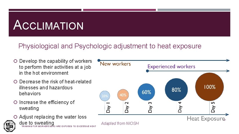 ACCLIMATION Physiological and Psychologic adjustment to heat exposure Develop the capability of workers to