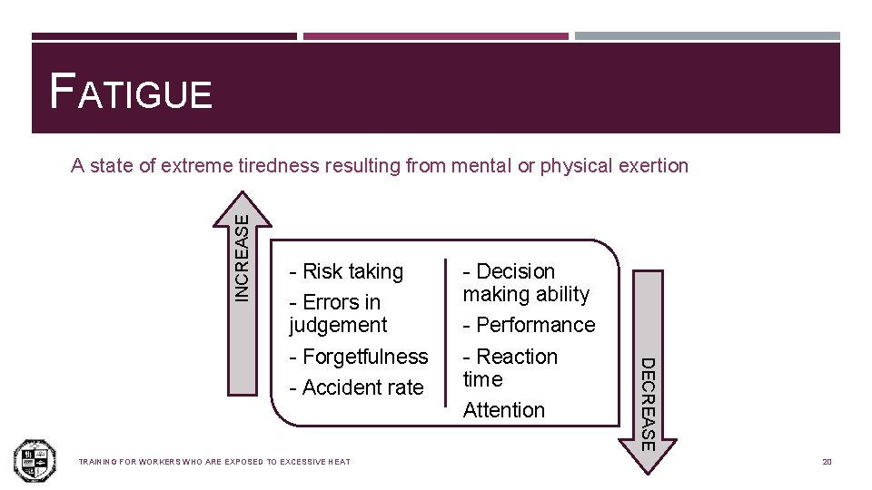 FATIGUE INCREASE A state of extreme tiredness resulting from mental or physical exertion TRAINING