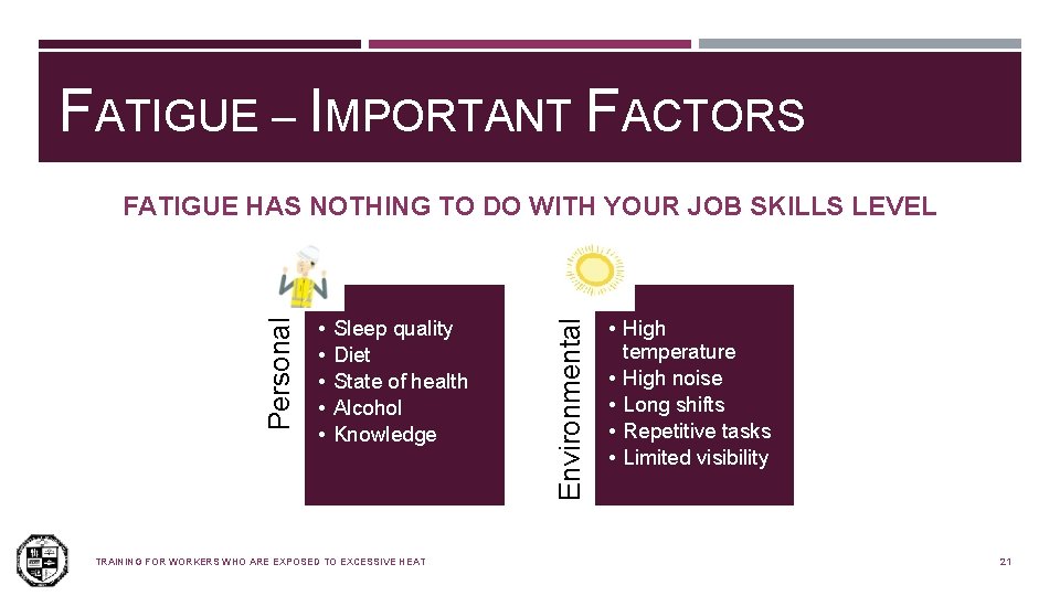 FATIGUE – IMPORTANT FACTORS • • • Sleep quality Diet State of health Alcohol