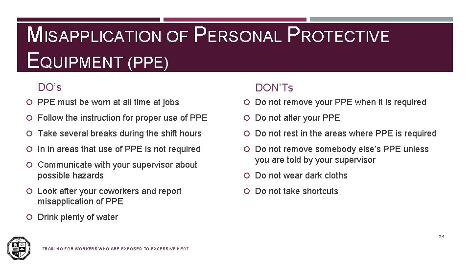 MISAPPLICATION OF PERSONAL PROTECTIVE EQUIPMENT (PPE) DO’s DON’Ts PPE must be worn at all