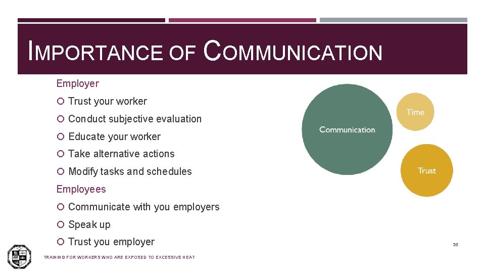 IMPORTANCE OF COMMUNICATION Employer Trust your worker Conduct subjective evaluation Educate your worker Take