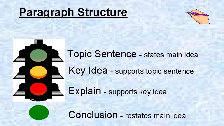 Paragraph Structure Topic Sentence - states main idea Key Idea - supports topic sentence