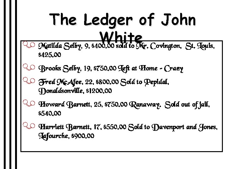 The Ledger of John White J Matilda Selby, 9, $400. 00 sold to Mr.