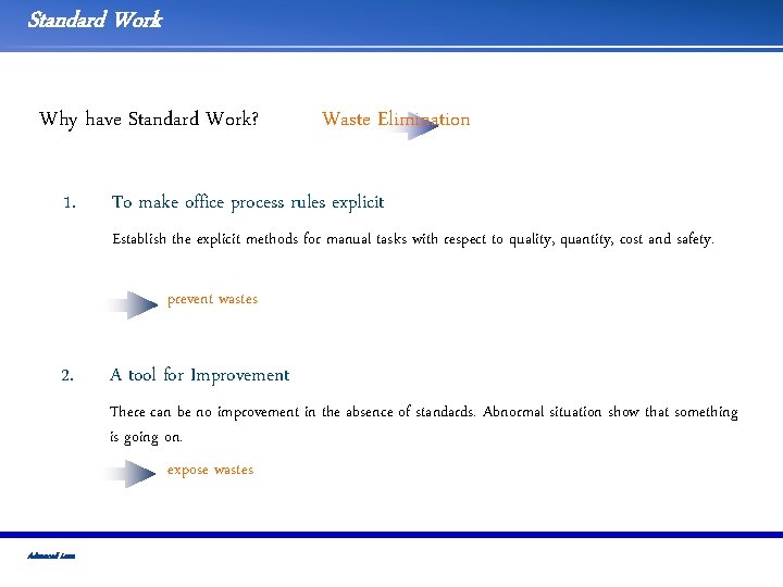 Standard Work Why have Standard Work? 1. Waste Elimination To make office process rules