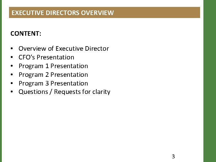 EXECUTIVE DIRECTORS OVERVIEW CONTENT: • • • Overview of Executive Director CFO’s Presentation Program