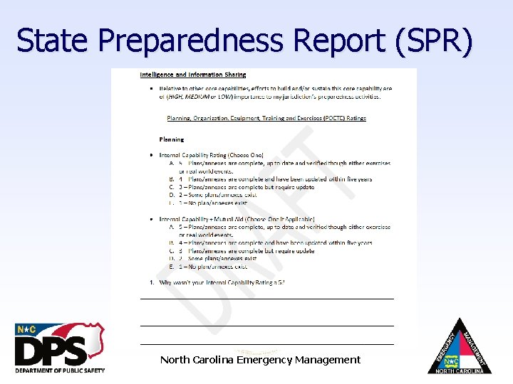 State Preparedness Report (SPR) North Carolina Emergency Management 