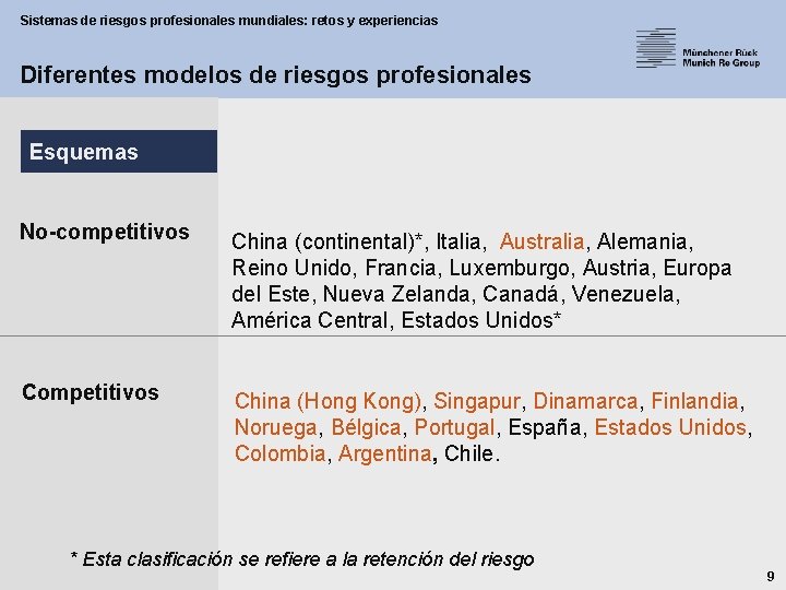 Sistemas de riesgos profesionales mundiales: retos y experiencias Diferentes modelos de riesgos profesionales Esquemas