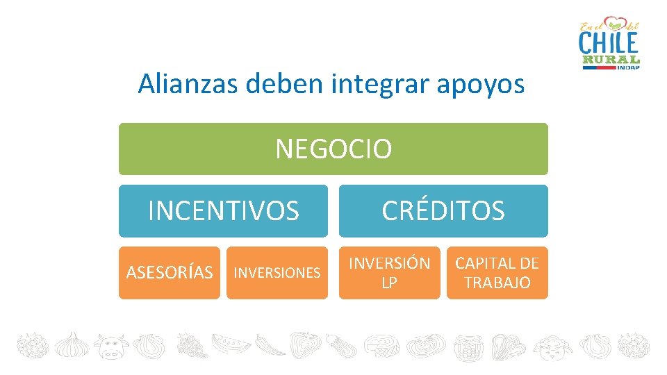 Alianzas deben integrar apoyos NEGOCIO INCENTIVOS ASESORÍAS INVERSIONES CRÉDITOS INVERSIÓN LP CAPITAL DE TRABAJO