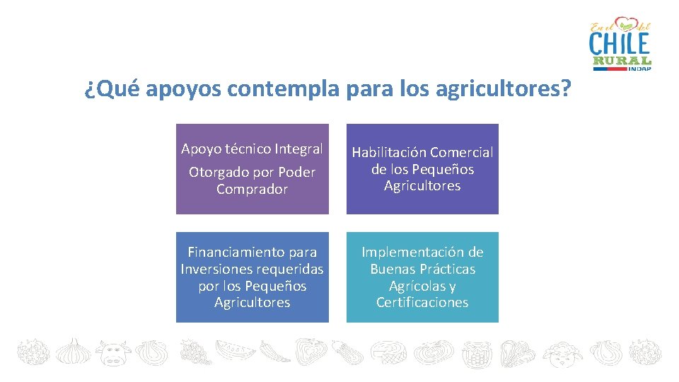 ¿Qué apoyos contempla para los agricultores? Apoyo técnico Integral Otorgado por Poder Comprador Habilitación