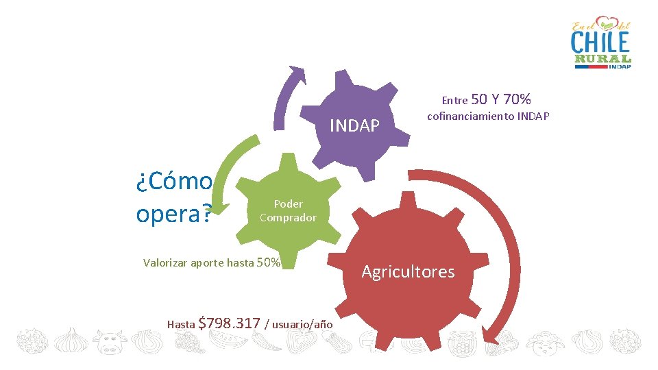 INDAP ¿Cómo opera? Entre 50 Y 70% cofinanciamiento INDAP Poder Comprador Valorizar aporte hasta