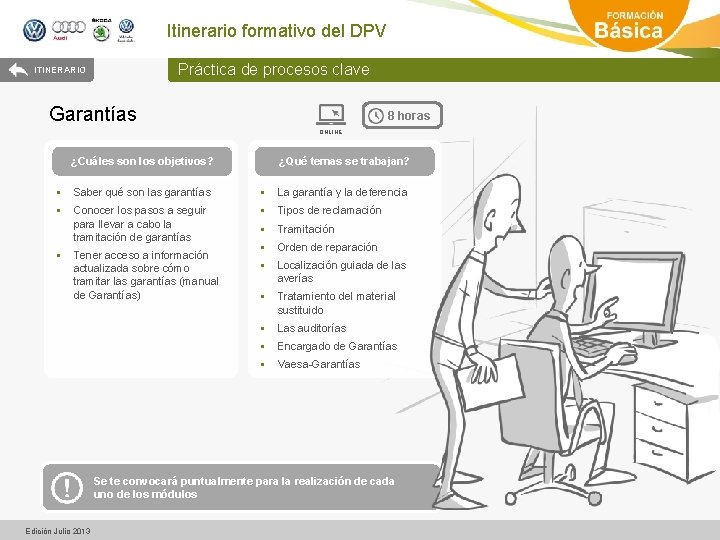Itinerario formativo del DPV Práctica de procesos clave ITINERARIO Garantías 8 horas ONLINE ¿Cuáles