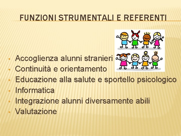 FUNZIONI STRUMENTALI E REFERENTI • • • Accoglienza alunni stranieri Continuità e orientamento Educazione