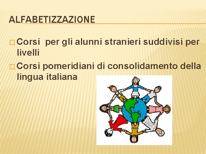 ALFABETIZZAZIONE � Corsi per gli alunni stranieri suddivisi per livelli � Corsi pomeridiani di