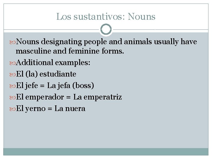 Los sustantivos: Nouns designating people and animals usually have masculine and feminine forms. Additional