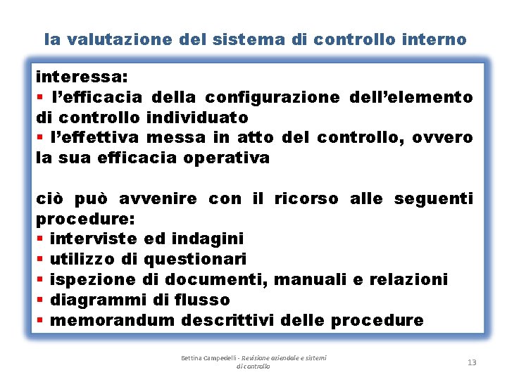 la valutazione del sistema di controllo interno interessa: § l’efficacia della configurazione dell’elemento di