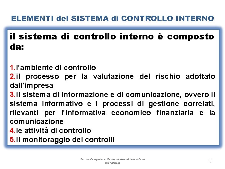 ELEMENTI del SISTEMA di CONTROLLO INTERNO il sistema di controllo interno è composto da:
