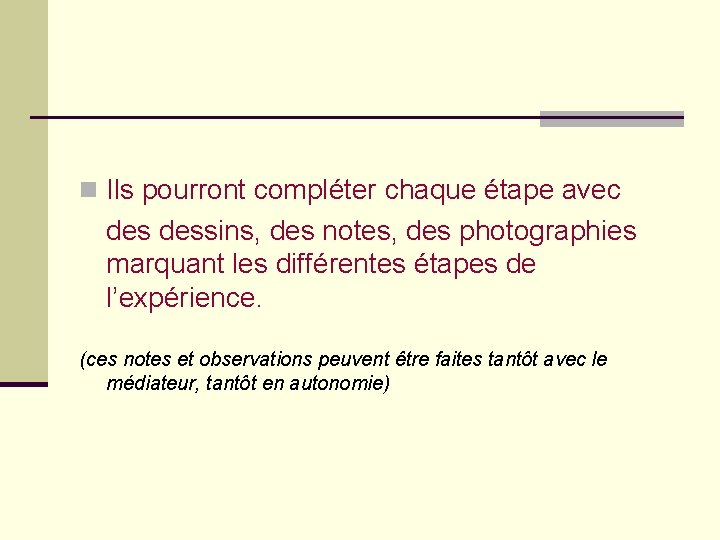 n Ils pourront compléter chaque étape avec dessins, des notes, des photographies marquant les