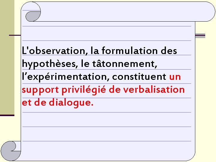 L'observation, la formulation des hypothèses, le tâtonnement, l’expérimentation, constituent un support privilégié de verbalisation