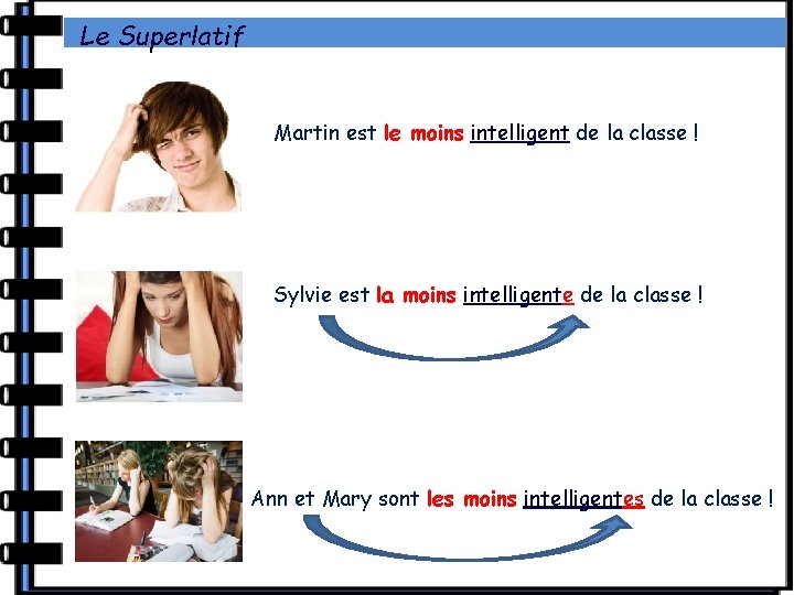 Le Superlatif Martin est le moins intelligent de la classe ! Sylvie est la