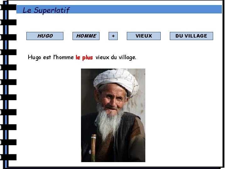 Le Superlatif HUGO HOMME + VIEUX Hugo est l’homme le plus vieux du village.