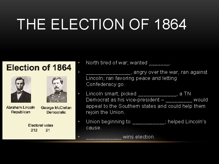 THE ELECTION OF 1864 • North tired of war; wanted _______. • ________, angry