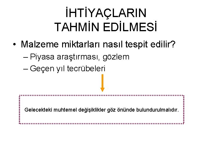 İHTİYAÇLARIN TAHMİN EDİLMESİ • Malzeme miktarları nasıl tespit edilir? – Piyasa araştırması, gözlem –