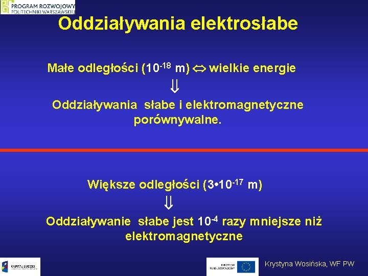 Oddziaływania elektrosłabe Małe odległości (10 -18 m) wielkie energie Oddziaływania słabe i elektromagnetyczne porównywalne.