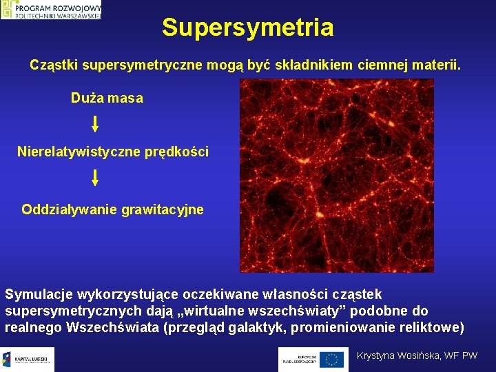 Supersymetria Cząstki supersymetryczne mogą być składnikiem ciemnej materii. Duża masa Nierelatywistyczne prędkości Oddziaływanie grawitacyjne