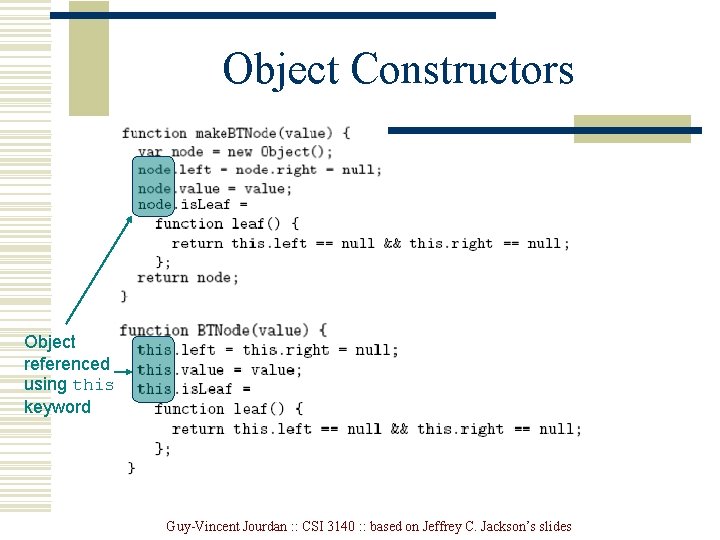 Object Constructors Object referenced using this keyword Guy-Vincent Jourdan : : CSI 3140 :