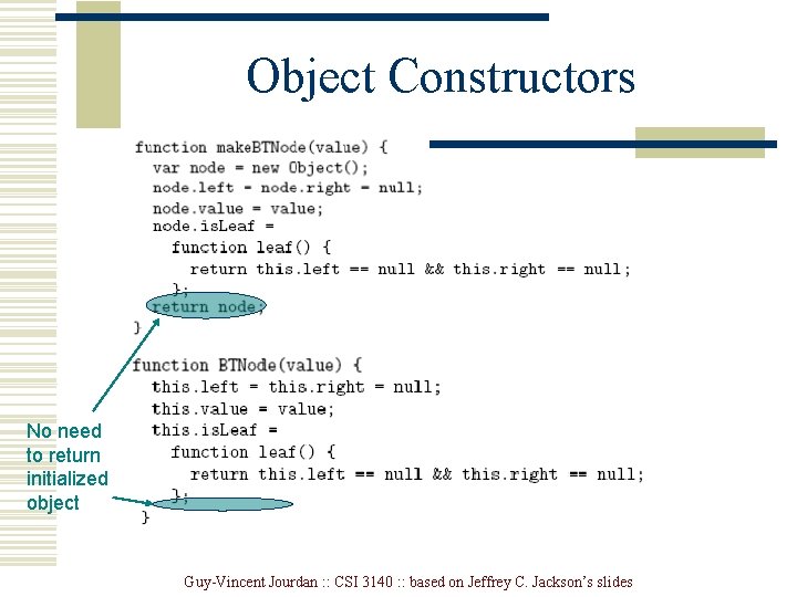 Object Constructors No need to return initialized object Guy-Vincent Jourdan : : CSI 3140