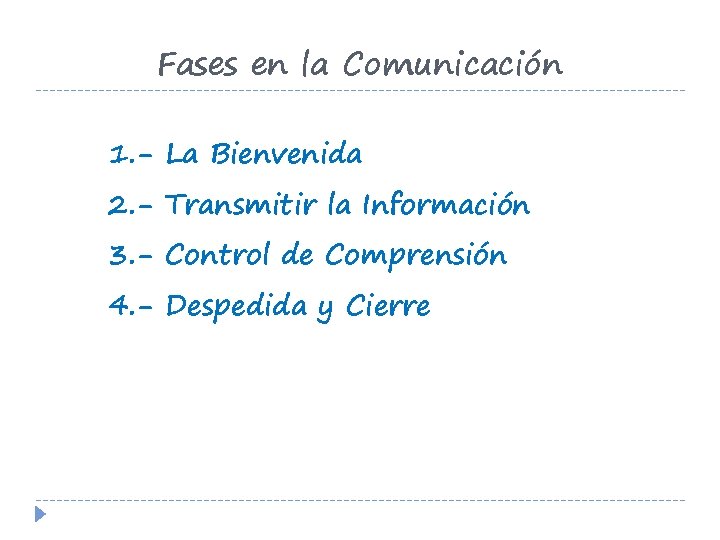 Fases en la Comunicación 1. - La Bienvenida 2. - Transmitir la Información 3.