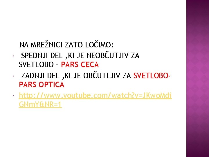  NA MREŽNICI ZATO LOČIMO: SPEDNJI DEL , KI JE NEOBČUTJIV ZA SVETLOBO –