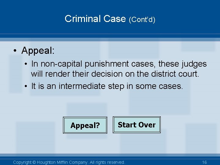 Criminal Case (Cont’d) • Appeal: • In non-capital punishment cases, these judges will render