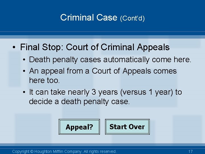 Criminal Case (Cont’d) • Final Stop: Court of Criminal Appeals • Death penalty cases