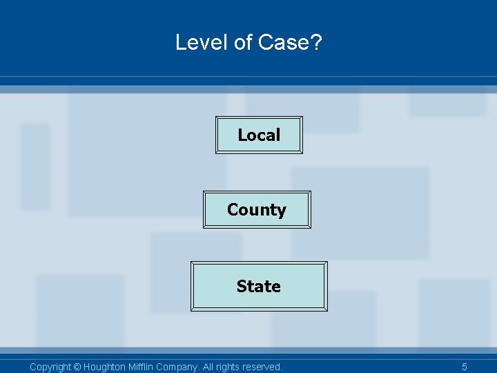 Level of Case? Local County State Copyright © Houghton Mifflin Company. All rights reserved.