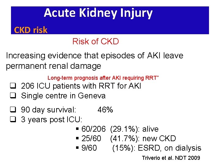 Acute Kidney Injury CKD risk Risk of CKD Increasing evidence that episodes of AKI