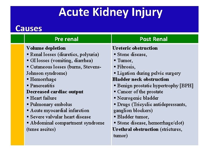 Acute Kidney Injury Causes Pre renal Post Renal Volume depletion § Renal losses (diuretics,