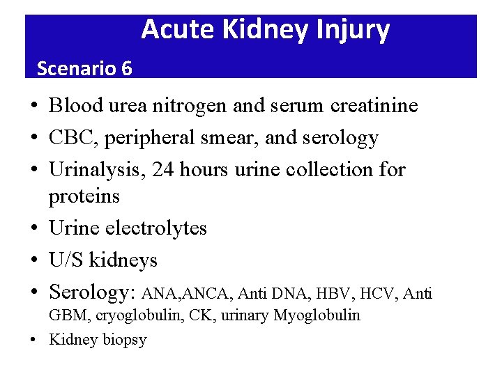 Acute Kidney Injury Scenario 6 • Blood urea nitrogen and serum creatinine • CBC,