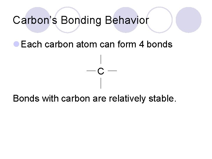 Carbon’s Bonding Behavior l Each carbon atom can form 4 bonds C Bonds with