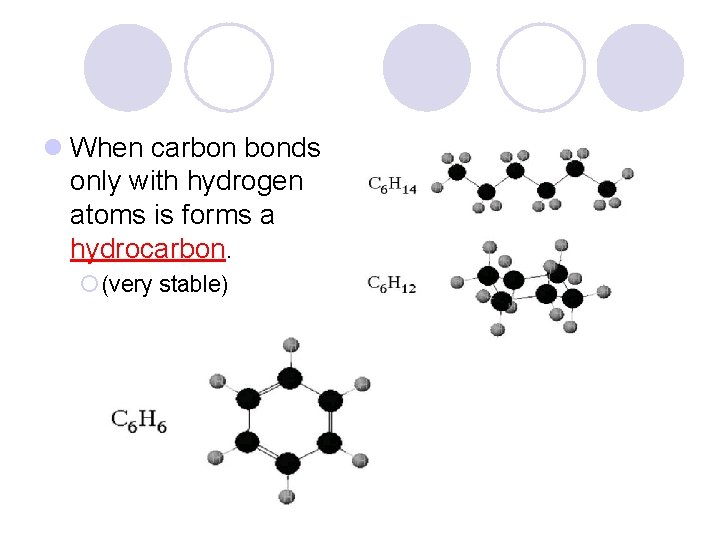 l When carbon bonds only with hydrogen atoms is forms a hydrocarbon. ¡ (very