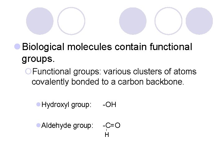 l Biological molecules contain functional groups. ¡Functional groups: various clusters of atoms covalently bonded