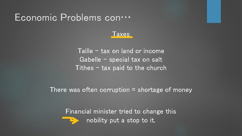 Economic Problems con… Taxes Taille – tax on land or income Gabelle – special