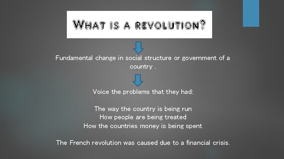 Fundamental change in social structure or government of a country. Voice the problems that