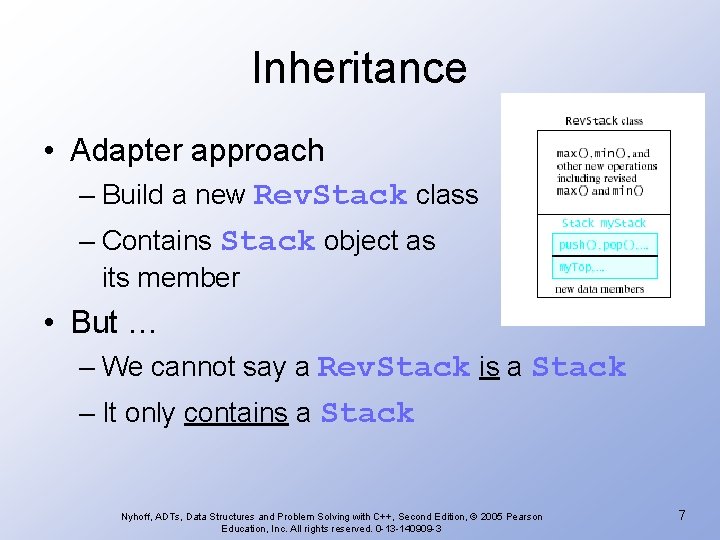 Inheritance • Adapter approach – Build a new Rev. Stack class – Contains Stack