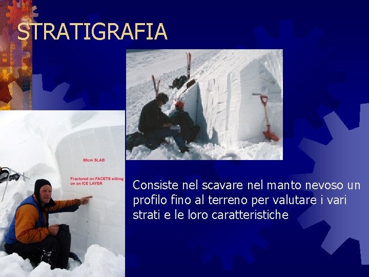 STRATIGRAFIA Consiste nel scavare nel manto nevoso un profilo fino al terreno per valutare