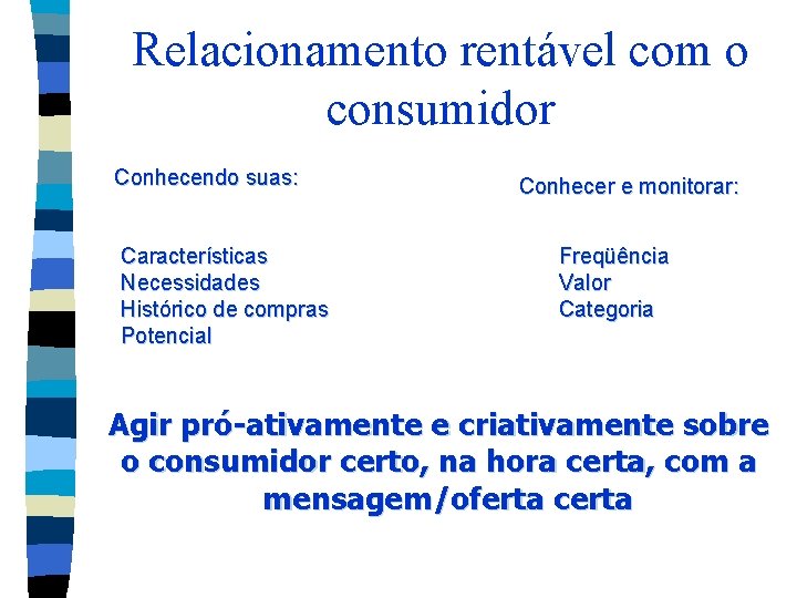 Relacionamento rentável com o consumidor Conhecendo suas: Características Necessidades Histórico de compras Potencial Conhecer