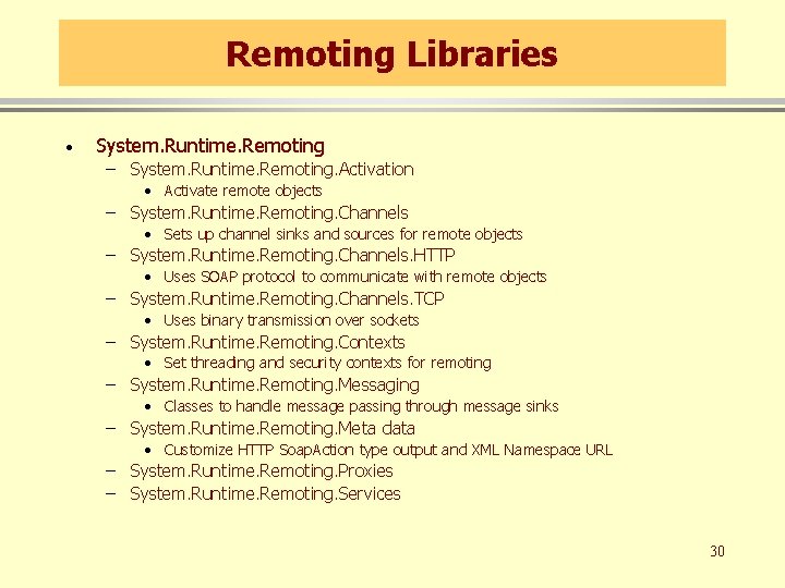 Remoting Libraries · System. Runtime. Remoting – System. Runtime. Remoting. Activation • Activate remote