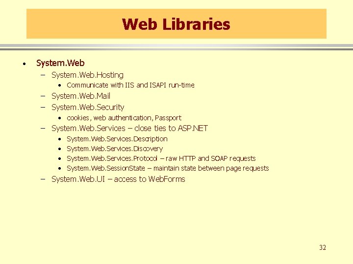Web Libraries · System. Web – System. Web. Hosting • Communicate with IIS and