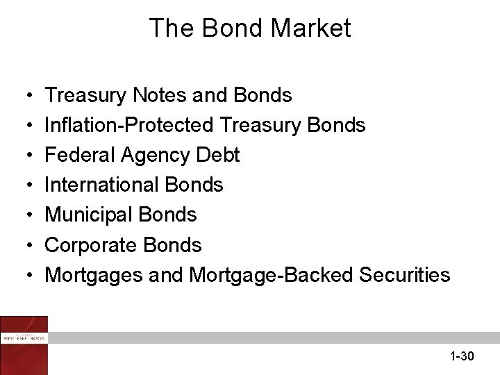 The Bond Market • • Treasury Notes and Bonds Inflation-Protected Treasury Bonds Federal Agency